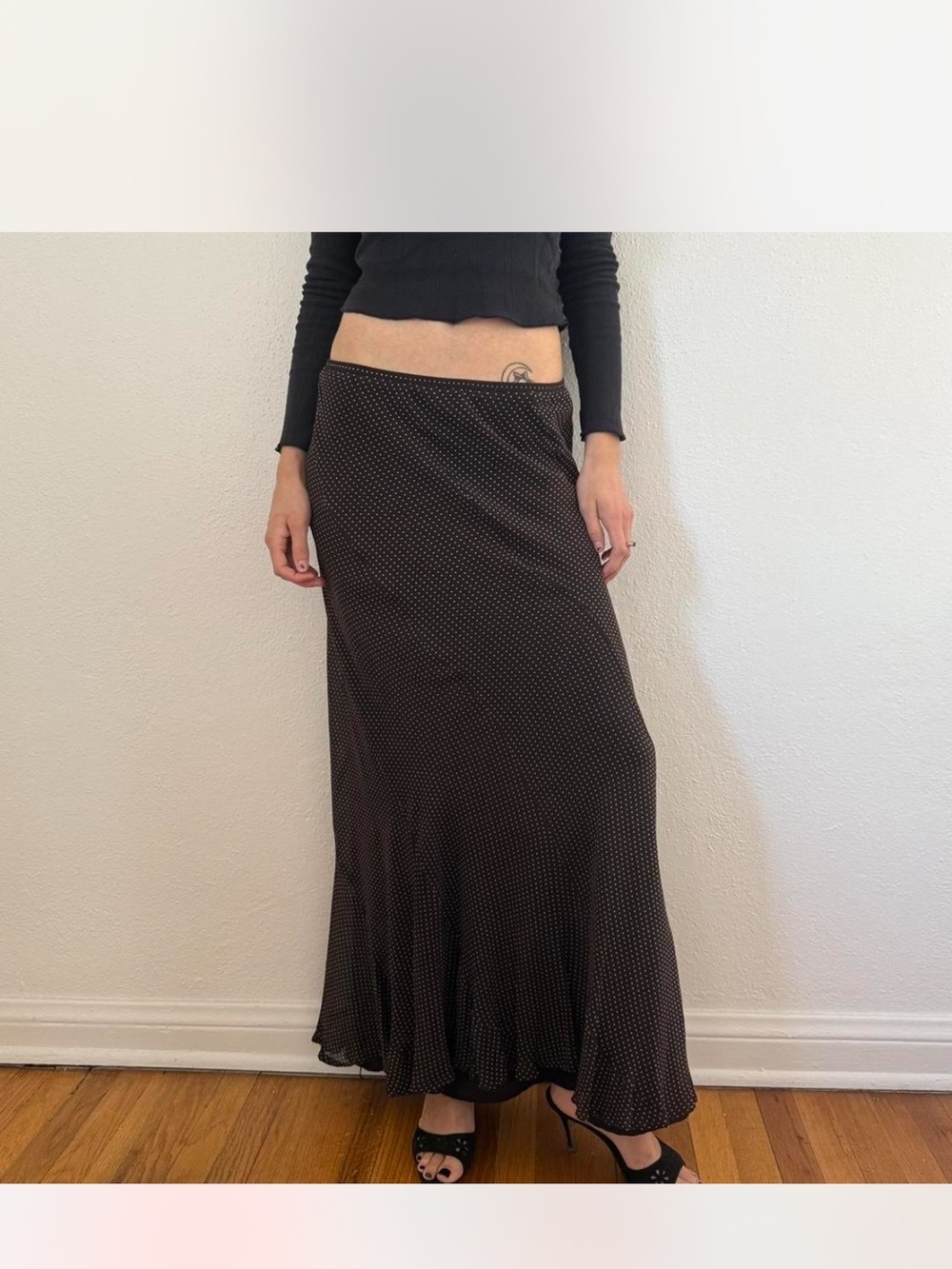 INC International Concepts Brown Long Skirt with White Polka Dots